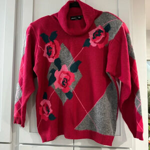 Vintage Argyle Rose Lambswool & Angora Granny Core‎ Sweater Pierre Cardin sz Med